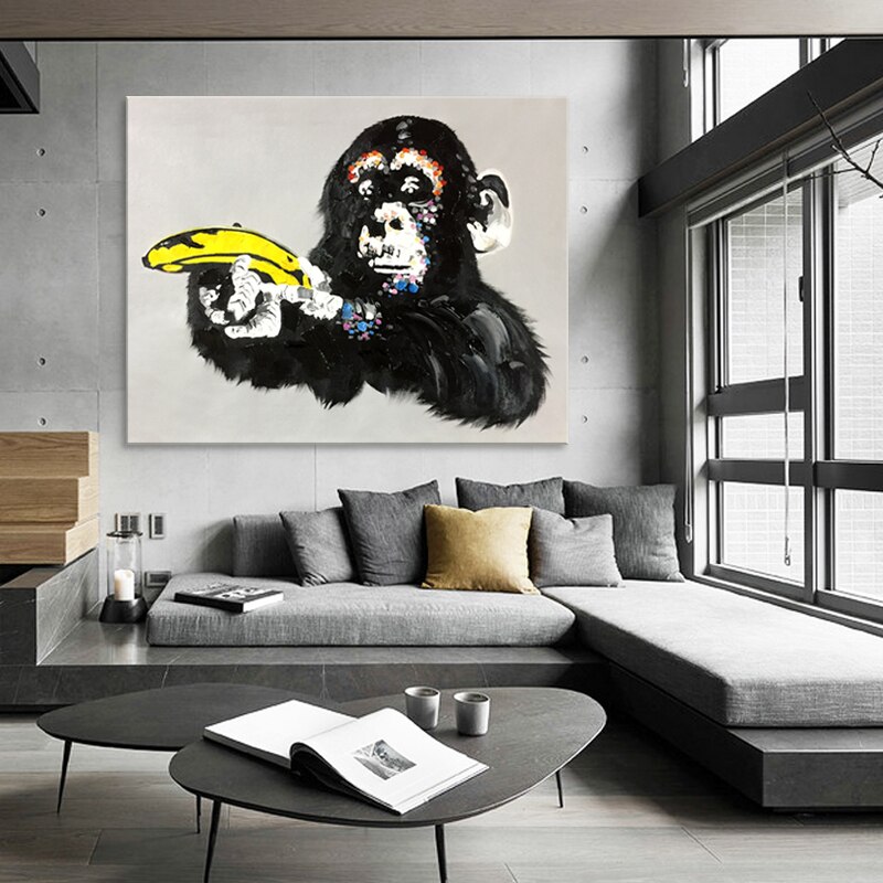 Pintura en lienzo de animales acrílicos para decoración del hogar, pintura de caudros, mano de mono con Plátano, imágenes artísticas de pared para sala de estar Pintura en lienzo de animales acrílicos para decoración del hogar, pintura de caudros, mano de mono con Plátano, imágenes artísticas de pared para sala de estar