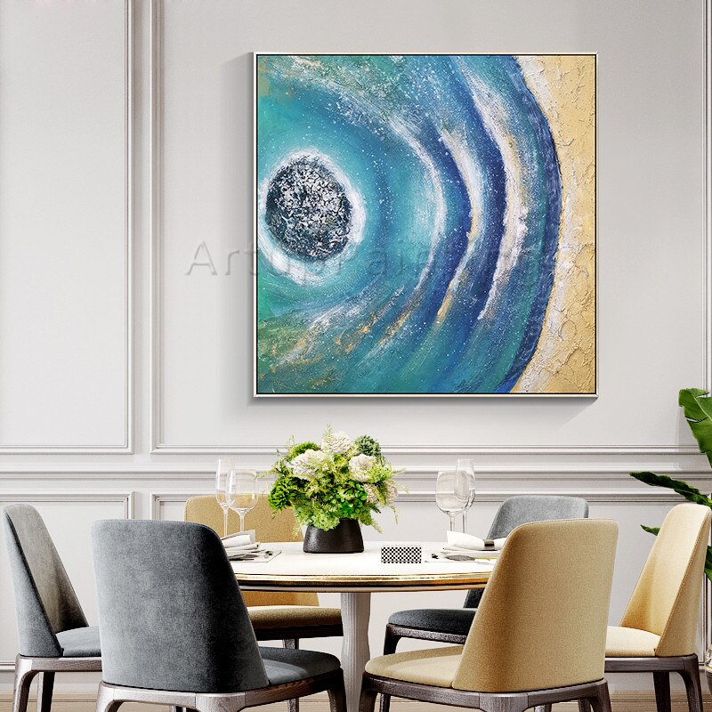 Pinturas al &oacute;leo en lienzo pintadas a mano, im&aacute;genes de Isla de arte azul para pared de sala de estar, decoraci&oacute;n abstracta moderna para el hogar, cuadros quadro
