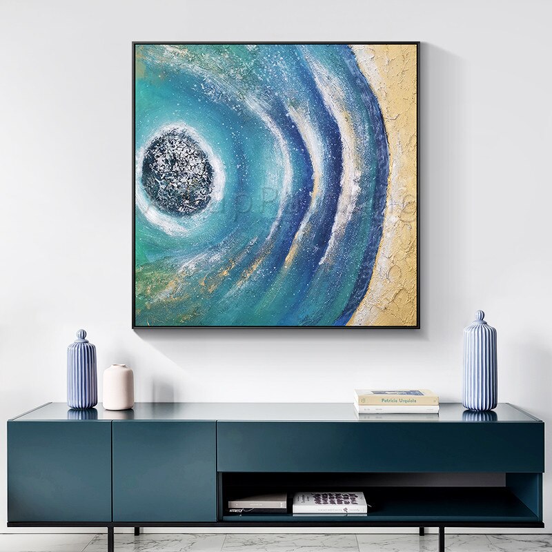 Pinturas al &oacute;leo en lienzo pintadas a mano, im&aacute;genes de Isla de arte azul para pared de sala de estar, decoraci&oacute;n abstracta moderna para el hogar, cuadros quadro