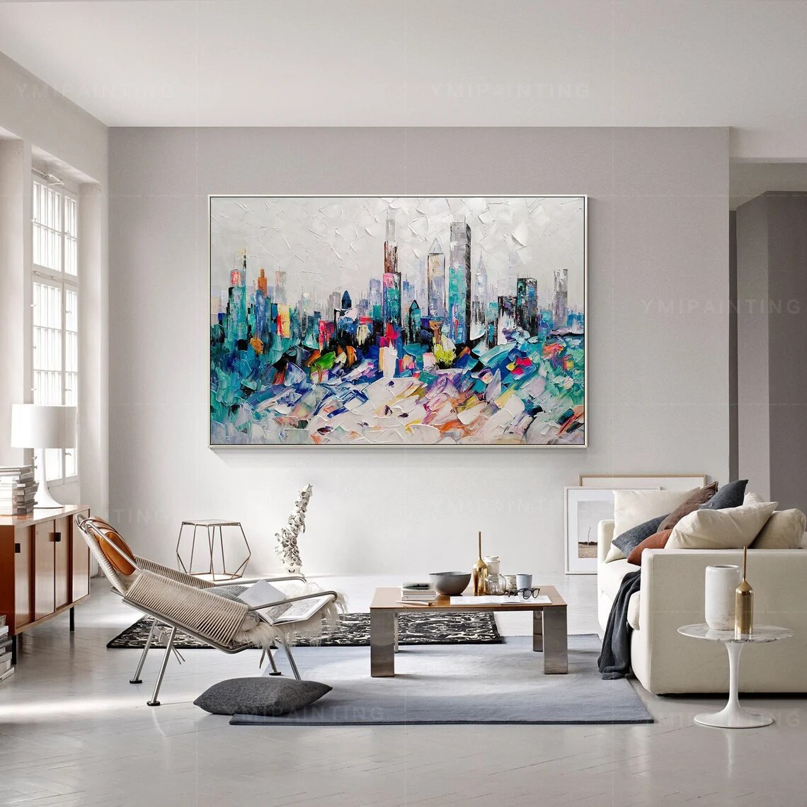 Pintura de Chicago, arte Original, Arte Abstracto azul, arte de pared de Chicago skyline, Arte de Chicago, pintura de paisaje urbano