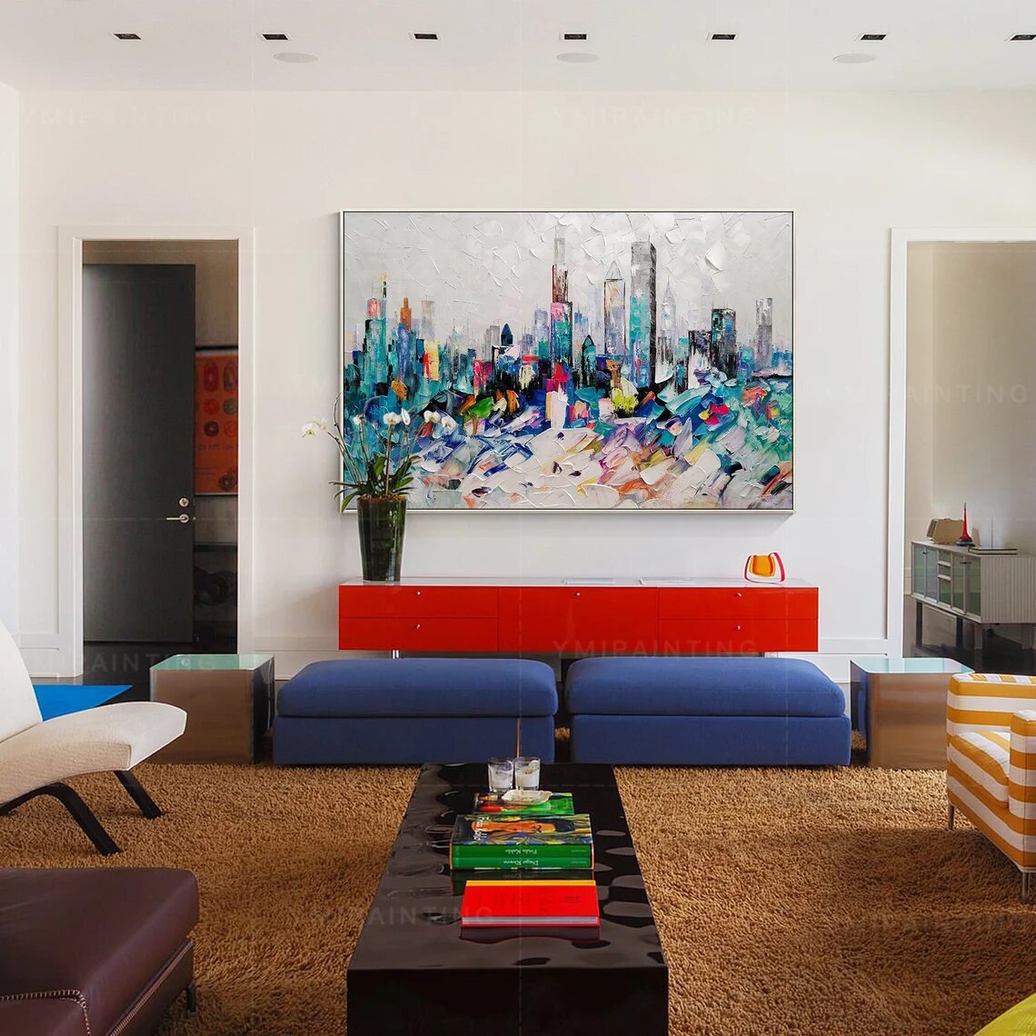 Pintura de Chicago, arte Original, Arte Abstracto azul, arte de pared de Chicago skyline, Arte de Chicago, pintura de paisaje urbano