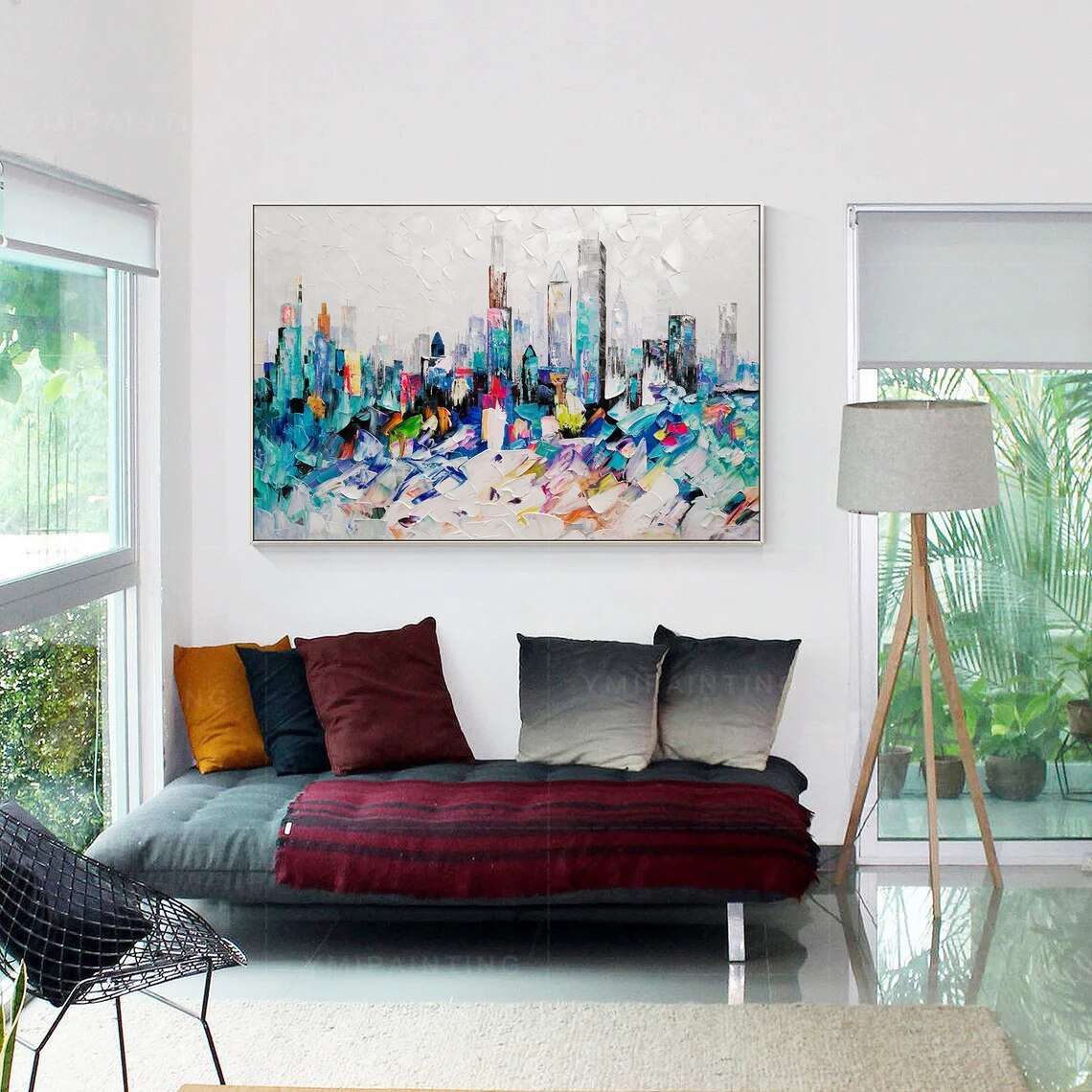Pintura de Chicago, arte Original, Arte Abstracto azul, arte de pared de Chicago skyline, Arte de Chicago, pintura de paisaje urbano