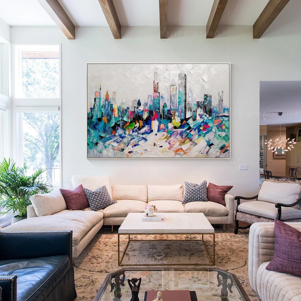 Pintura de Chicago, arte Original, Arte Abstracto azul, arte de pared de Chicago skyline, Arte de Chicago, pintura de paisaje urbano