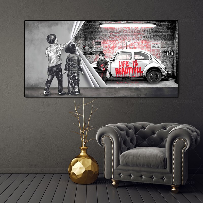 Banksy Street Art-pintura de grafiti de ni&ntilde;o peque&ntilde;o, carteles impresos en lienzo con citas de vida, impresiones, arte de pared en lienzo para sala de estar y el hogar