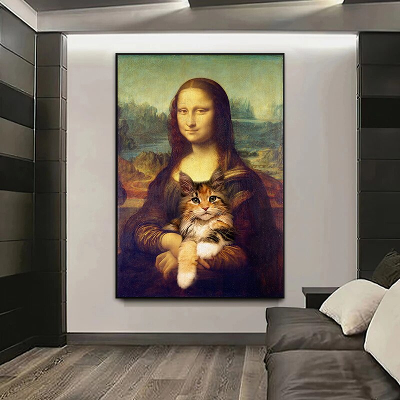 Pintura creativa Mona Lisa Hug Cat, carteles divertidos, impresiones de arte de pared, Impresi&oacute;n de pintura en lienzo para sala de estar, im&aacute;genes de decoraci&oacute;n del hogar
