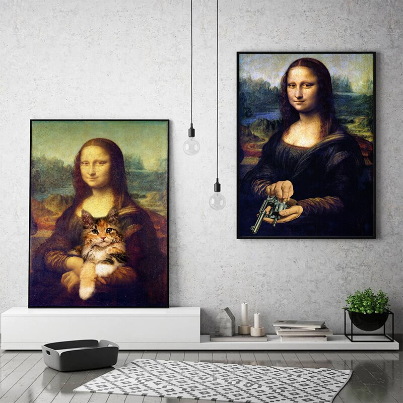 Pintura creativa Mona Lisa Hug Cat, carteles divertidos, impresiones de arte de pared, Impresi&oacute;n de pintura en lienzo para sala de estar, im&aacute;genes de decoraci&oacute;n del hogar