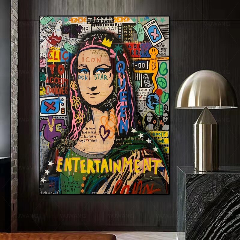 Pintura de Arte de Graffiti callejero, lienzo divertido, Mona Lisa, carteles de arte Pop, impresiones, imagen de pared, sala de estar, decoraci&oacute;n del hogar, Cuadros