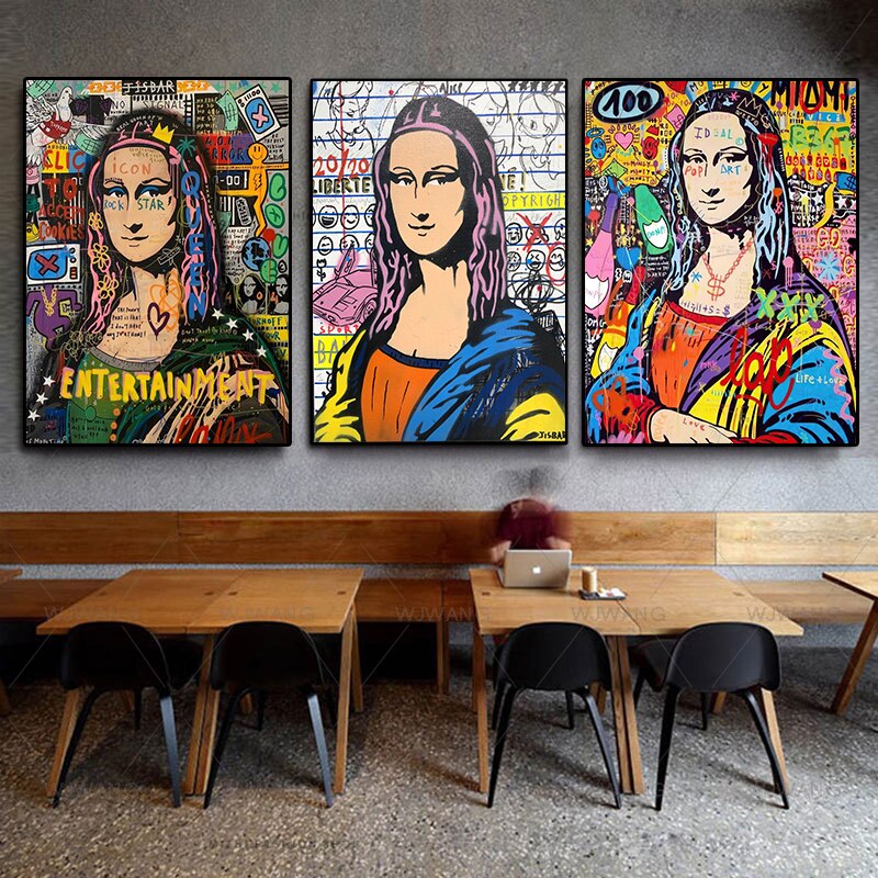 Pintura de Arte de Graffiti callejero, lienzo divertido, Mona Lisa, carteles de arte Pop, impresiones, imagen de pared, sala de estar, decoraci&oacute;n del hogar, Cuadros