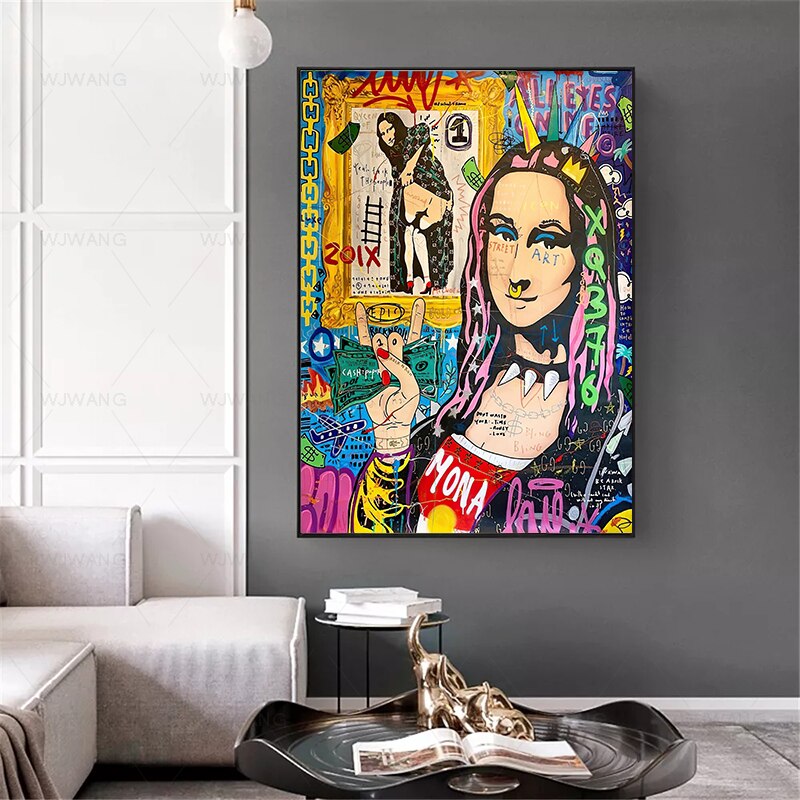 Pintura de Arte de Graffiti callejero, lienzo divertido, Mona Lisa, carteles de arte Pop, impresiones, imagen de pared, sala de estar, decoraci&oacute;n del hogar, Cuadros