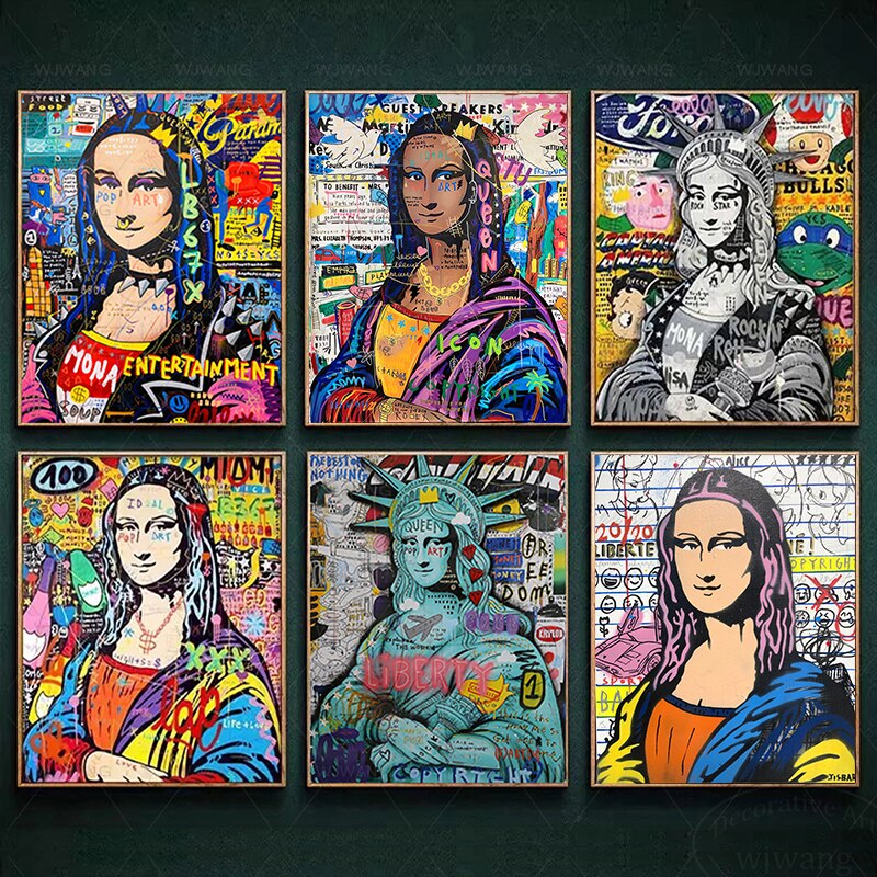 Pintura de Arte de Graffiti callejero, lienzo divertido, Mona Lisa, carteles de arte Pop, impresiones, imagen de pared, sala de estar, decoraci&oacute;n del hogar, Cuadros