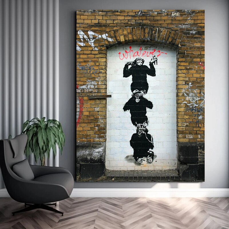 Carteles e impresiones de arte callejero de Graffiti Banksy de Tres Monos Sabios, arte de pared, pintura en lienzo para sala de estar, decoraci&oacute;n del hogar, im&aacute;genes