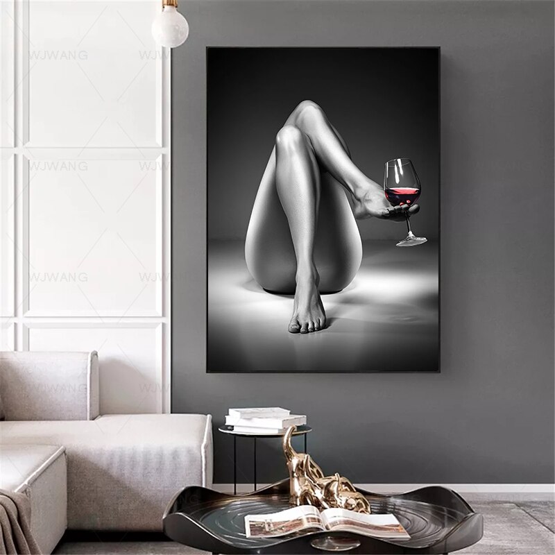 Pintura en lienzo de arte corporal de copa de vino tinto para mujer desnuda Sexy, impresiones de p&oacute;ster de Arte de pared de moda moderna para sala de estar, decoraci&oacute;n del hogar