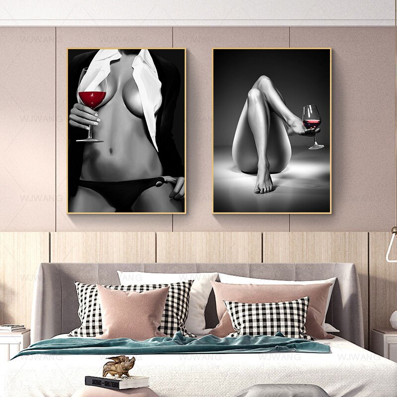 Pintura en lienzo de arte corporal de copa de vino tinto para mujer desnuda Sexy, impresiones de p&oacute;ster de Arte de pared de moda moderna para sala de estar, decoraci&oacute;n del hogar
