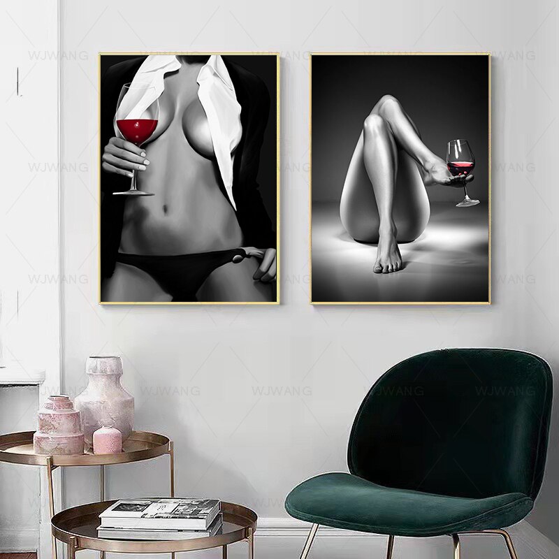 Pintura en lienzo de arte corporal de copa de vino tinto para mujer desnuda Sexy, impresiones de p&oacute;ster de Arte de pared de moda moderna para sala de estar, decoraci&oacute;n del hogar