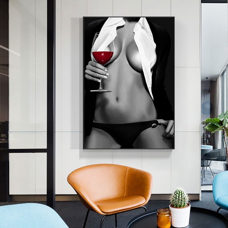 Pintura en lienzo de arte corporal de copa de vino tinto para mujer desnuda Sexy, impresiones de p&oacute;ster de Arte de pared de moda moderna para sala de estar, decoraci&oacute;n del hogar