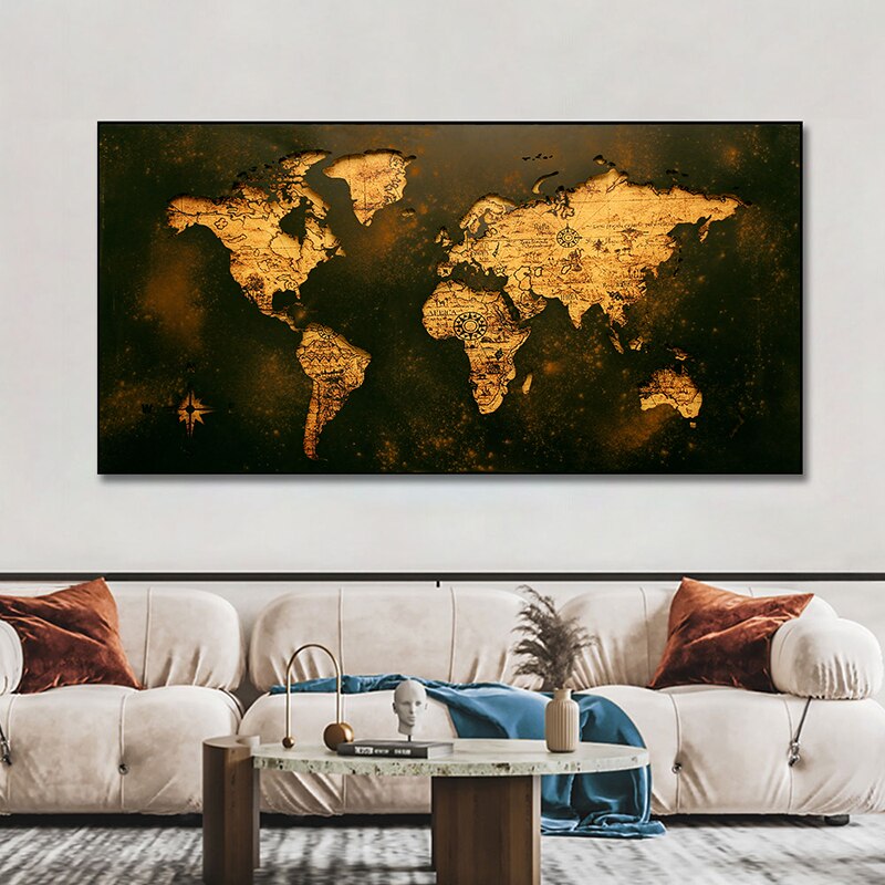 Mapa del mundo de oro negro, cuadro abstracto, pintura en lienzo, p&oacute;ster Vintage, impresiones, arte de pared, im&aacute;genes para decoraci&oacute;n moderna del hogar, Cuadros