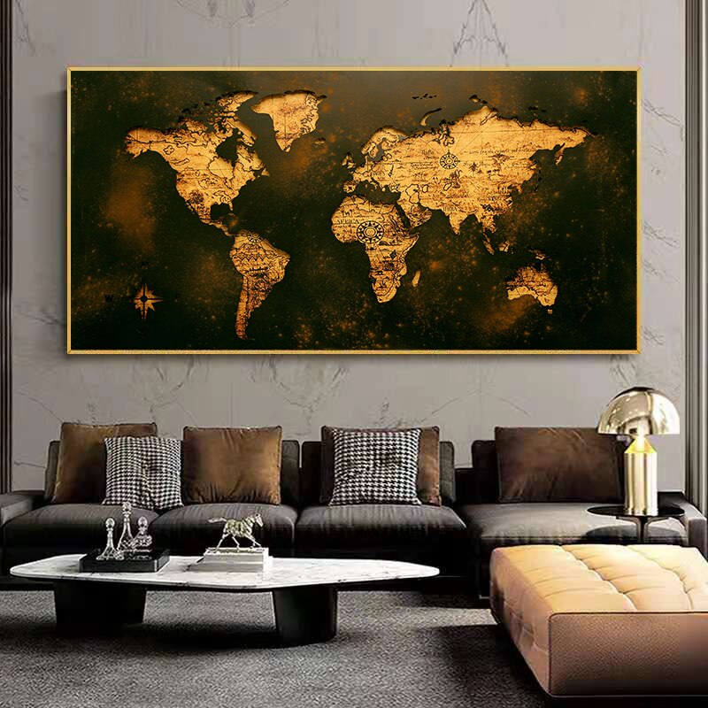 Mapa del mundo de oro negro, cuadro abstracto, pintura en lienzo, p&oacute;ster Vintage, impresiones, arte de pared, im&aacute;genes para decoraci&oacute;n moderna del hogar, Cuadros