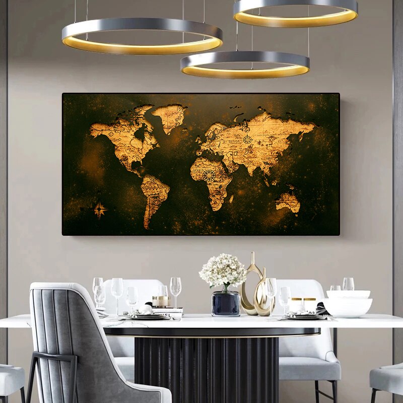 Mapa del mundo de oro negro, cuadro abstracto, pintura en lienzo, p&oacute;ster Vintage, impresiones, arte de pared, im&aacute;genes para decoraci&oacute;n moderna del hogar, Cuadros