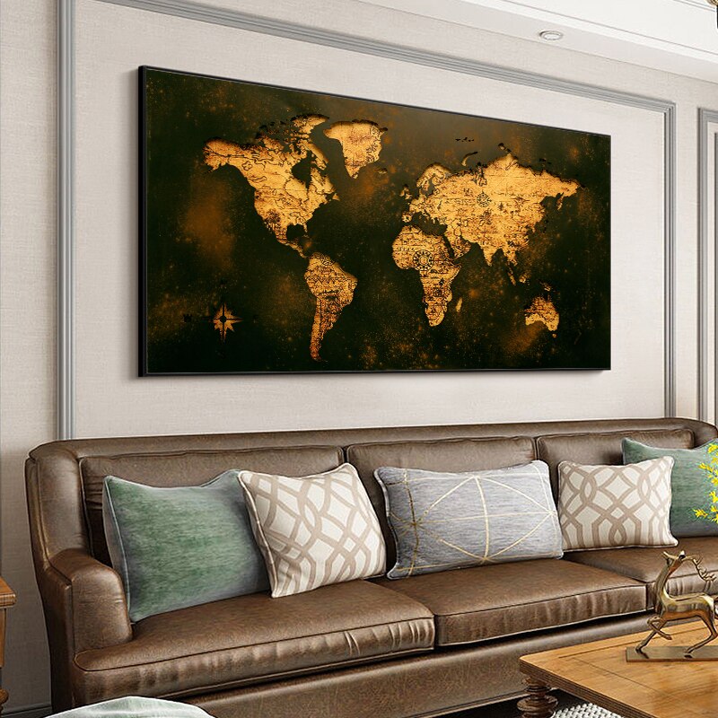 Mapa del mundo de oro negro, cuadro abstracto, pintura en lienzo, p&oacute;ster Vintage, impresiones, arte de pared, im&aacute;genes para decoraci&oacute;n moderna del hogar, Cuadros