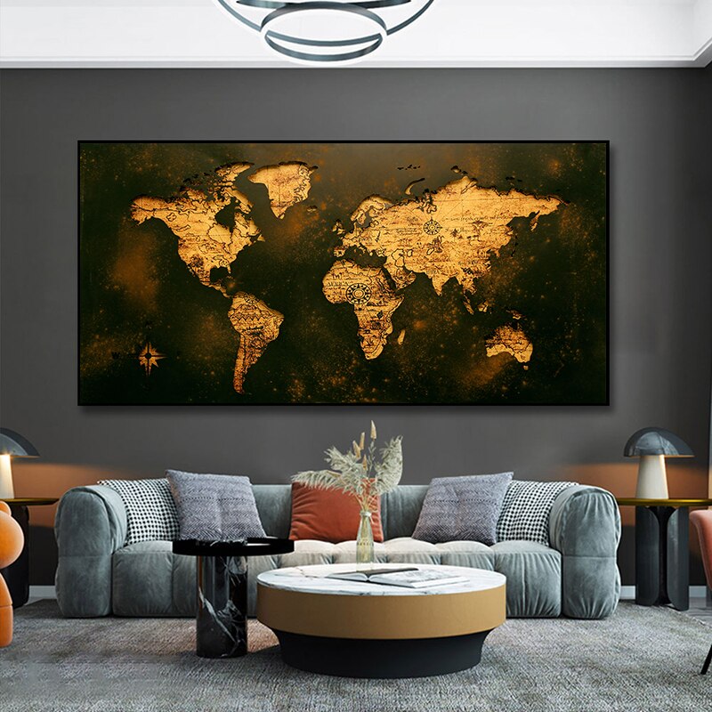 Mapa del mundo de oro negro, cuadro abstracto, pintura en lienzo, p&oacute;ster Vintage, impresiones, arte de pared, im&aacute;genes para decoraci&oacute;n moderna del hogar, Cuadros