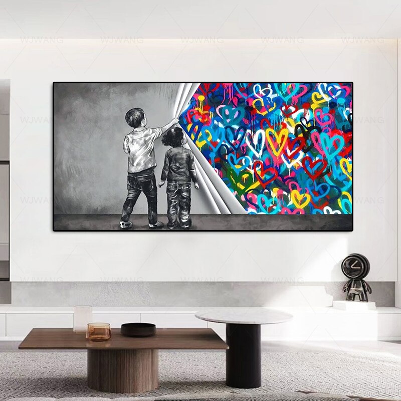 Pintura en lienzo para decoraci&oacute;n del hogar, grafiti, coraz&oacute;n infantil sin cubierta, pu&ntilde;o m&oacute;vil, grillete de pared, imagen art&iacute;stica para sala de estar