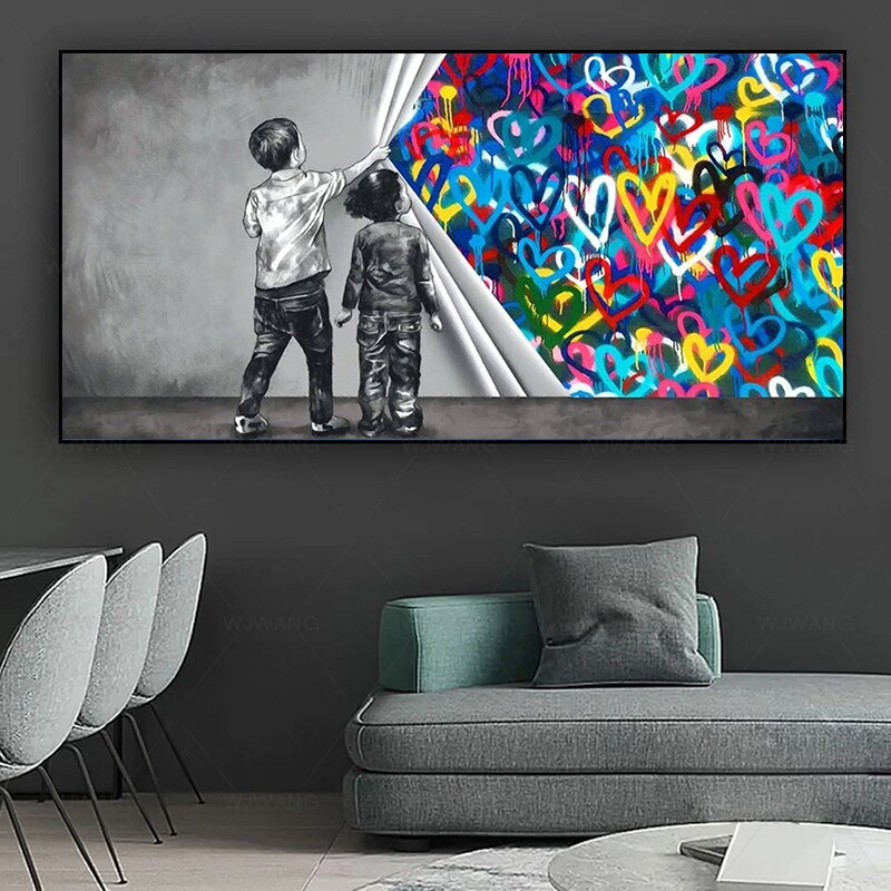 Pintura en lienzo para decoraci&oacute;n del hogar, grafiti, coraz&oacute;n infantil sin cubierta, pu&ntilde;o m&oacute;vil, grillete de pared, imagen art&iacute;stica para sala de estar