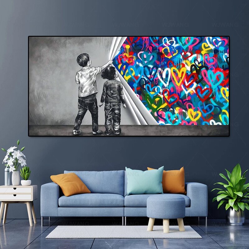 Pintura en lienzo para decoraci&oacute;n del hogar, grafiti, coraz&oacute;n infantil sin cubierta, pu&ntilde;o m&oacute;vil, grillete de pared, imagen art&iacute;stica para sala de estar