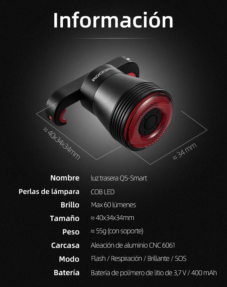 ROCKBROS bicicleta inteligente Auto freno detecci&oacute;n luz IPx6 impermeable LED carga ciclismo luz trasera bicicleta luz trasera accesorios Q5