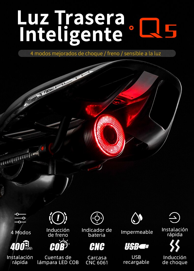 ROCKBROS bicicleta inteligente Auto freno detecci&oacute;n luz IPx6 impermeable LED carga ciclismo luz trasera bicicleta luz trasera accesorios Q5