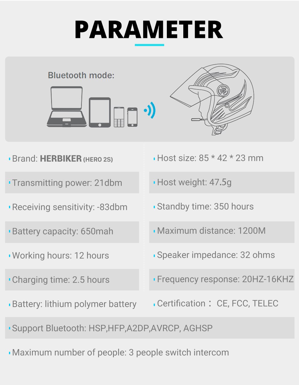 HEROBIKER-Intercomunicador Inal&aacute;mbrico para Casco de Motocicleta, Interfono con Altavoz, Impermeable, 1200M