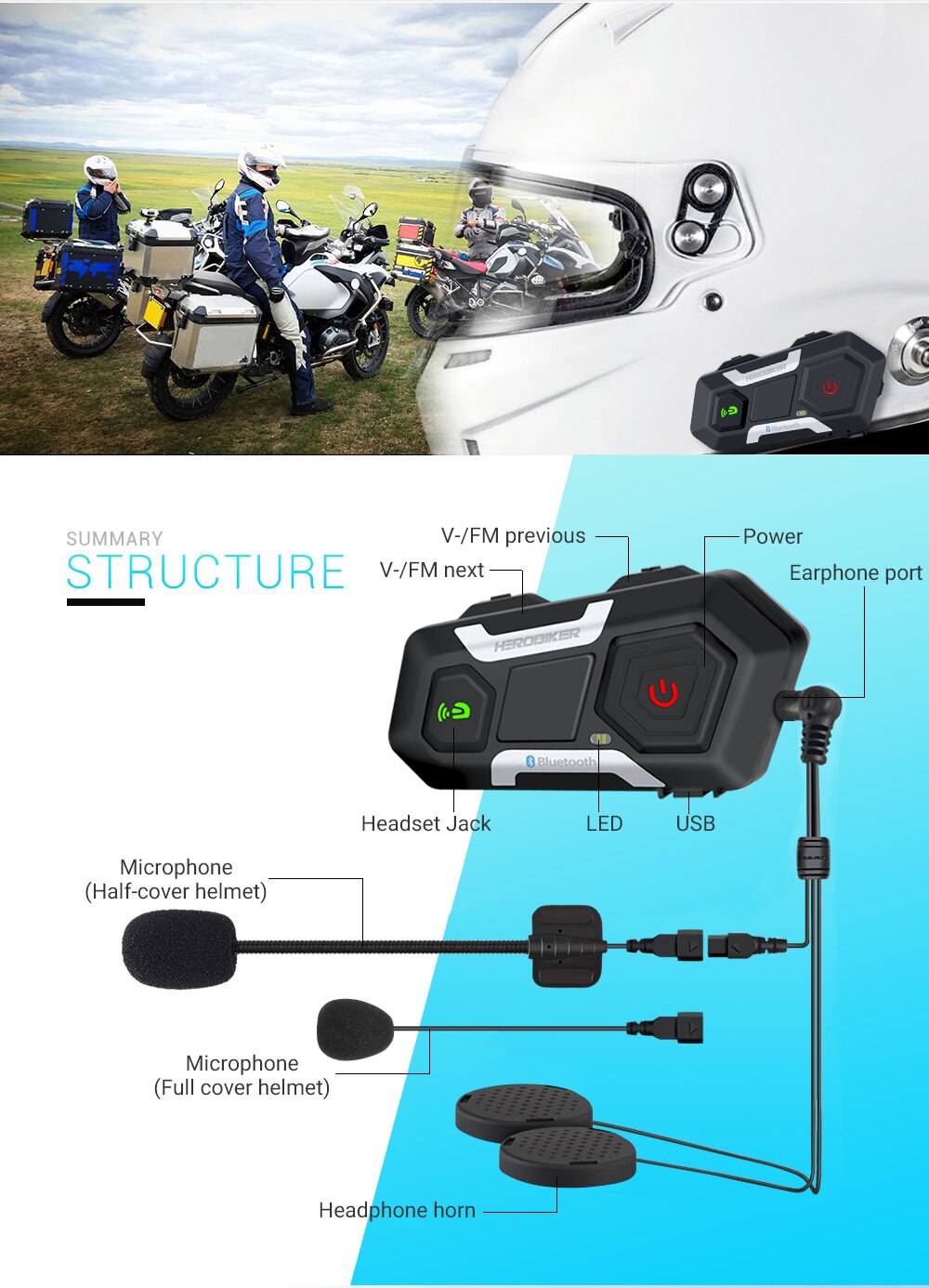 HEROBIKER-Intercomunicador Inal&aacute;mbrico para Casco de Motocicleta, Interfono con Altavoz, Impermeable, 1200M