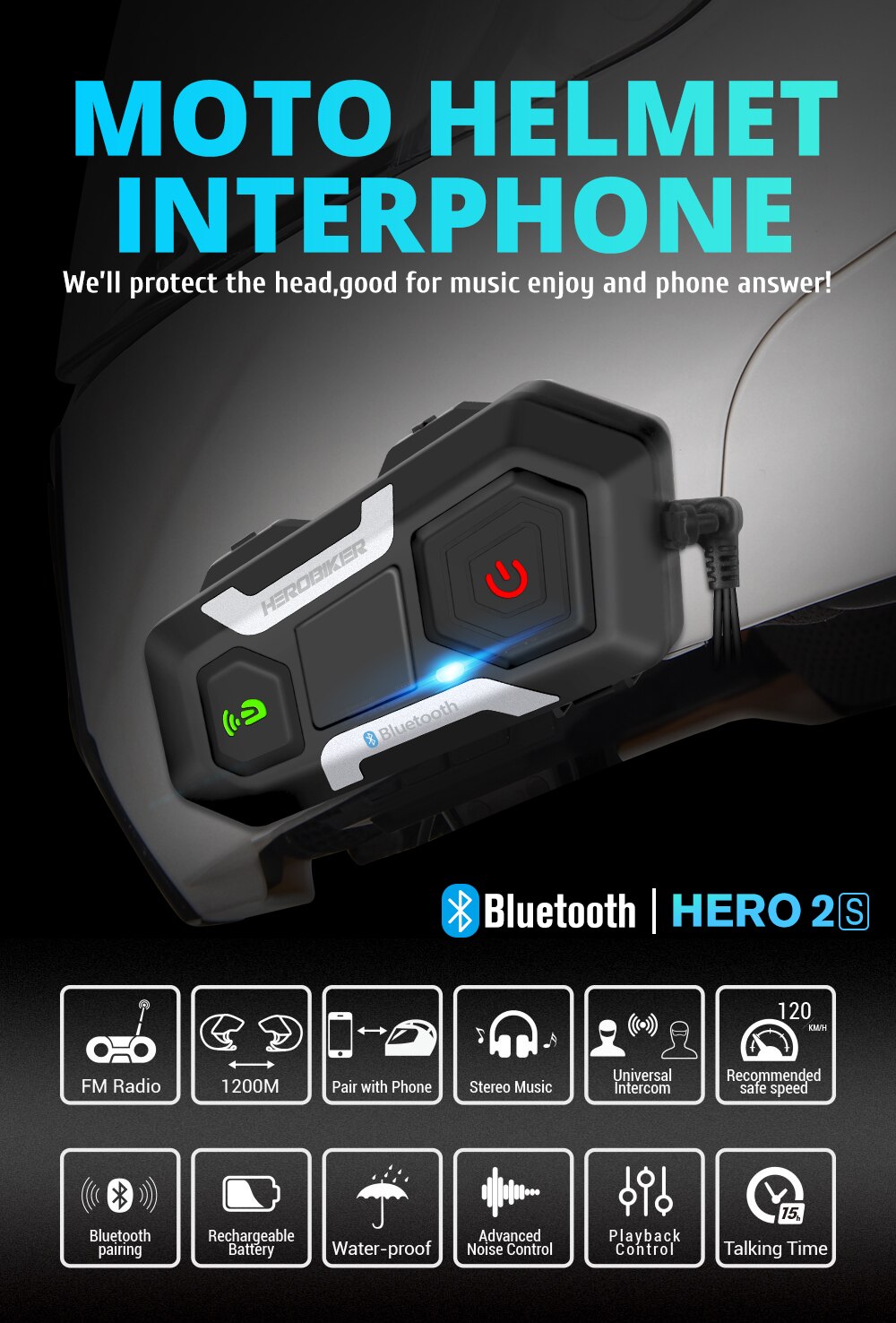 HEROBIKER-Intercomunicador Inal&aacute;mbrico para Casco de Motocicleta, Interfono con Altavoz, Impermeable, 1200M