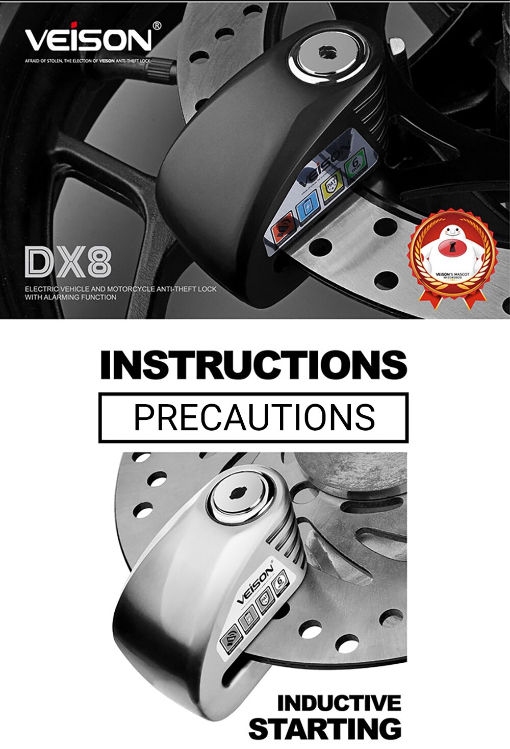 VEISON-candado de bloqueo de disco Para motocicleta, candado de Alarma impermeable Para bicicleta, Alarma Para Moto