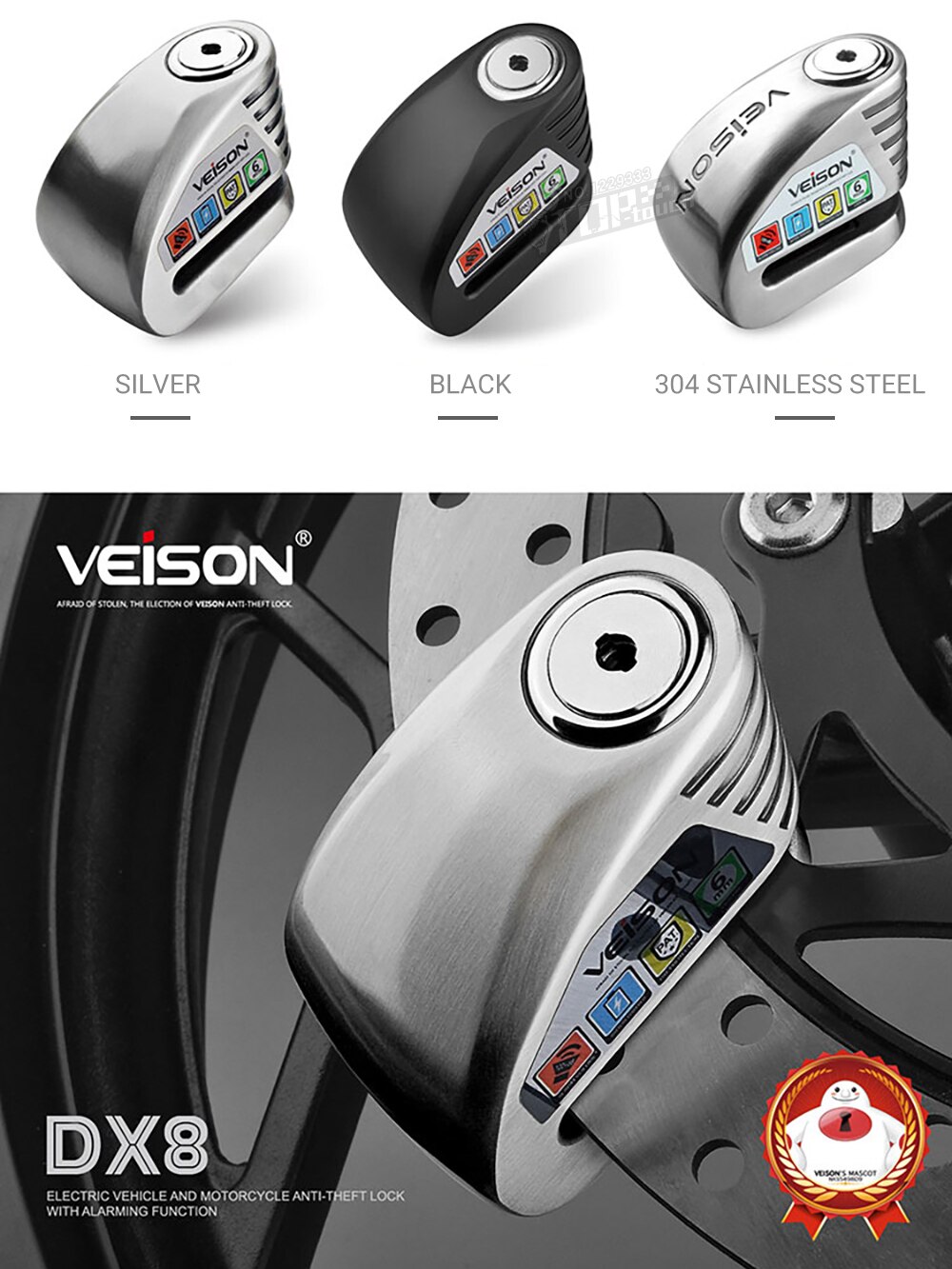 VEISON-candado de bloqueo de disco Para motocicleta, candado de Alarma impermeable Para bicicleta, Alarma Para Moto