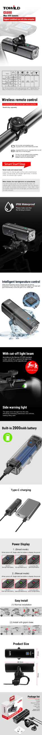 Luz frontal para bicicleta CL600, 600LM, recargable por USB, LED 18650, 2000mAh, faro impermeable, accesorios para bicicleta