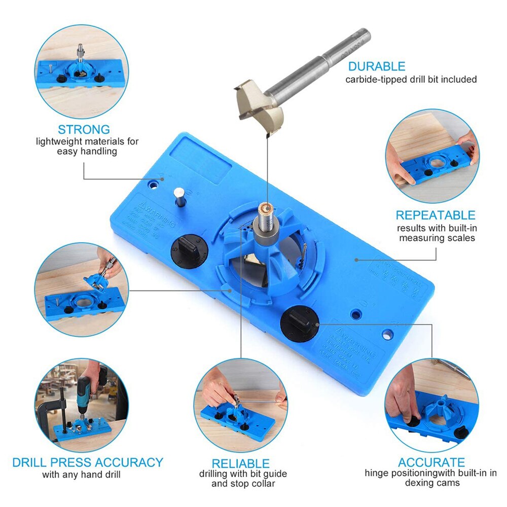 Plantilla de bisagra oculta de 35mm, kit de plantilla de bisagra estilo taza, gu&iacute;a de taladro de agujero Forstner Bit, cortador de madera, herramienta de bricolaje para carpinter&iacute;a