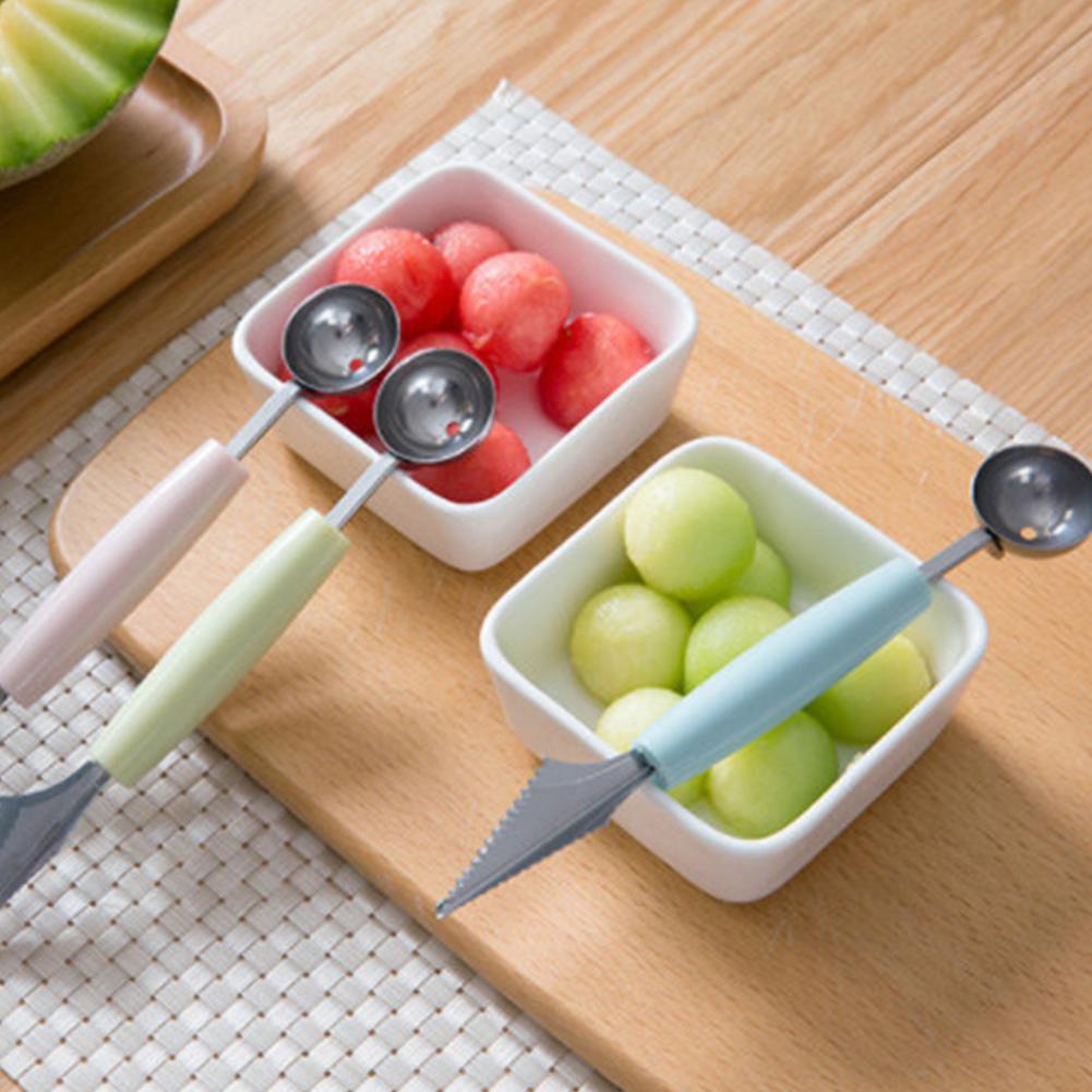 Accesorios de cocina de acero inoxidable de doble cabezal, cuchillo para tallar fruta, sand&iacute;a, helado, cuchar&oacute;n, cuchara, utensilios para el hogar
