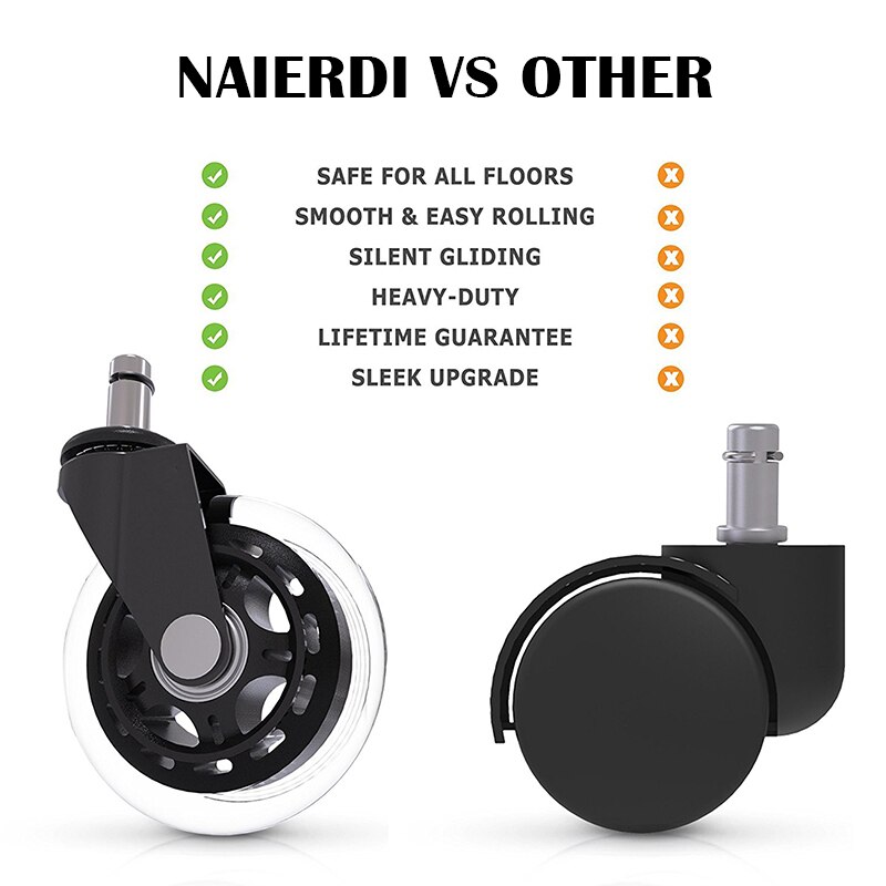 NAIERDI-Rueda silenciosa giratoria universal de 3 pulgadas para silla, ruedecillas de goma de repuesto para asiento de oficina o muebles, blandas y seguras, soportan hasta 60 kg, 5 unidades