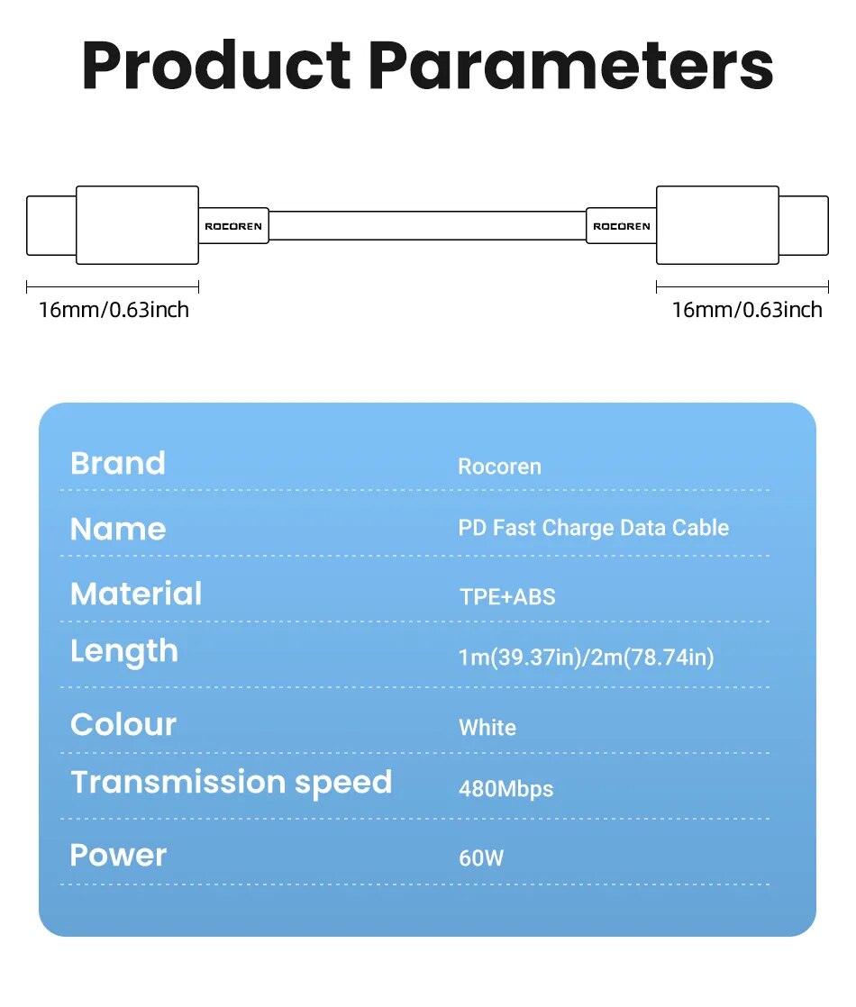 Rocoren-Cable USB tipo C para iPhone 15 Pro, cargador de carga r&aacute;pida Ultra USB-C para Macbook, Samsung, Xiaomi, 20W