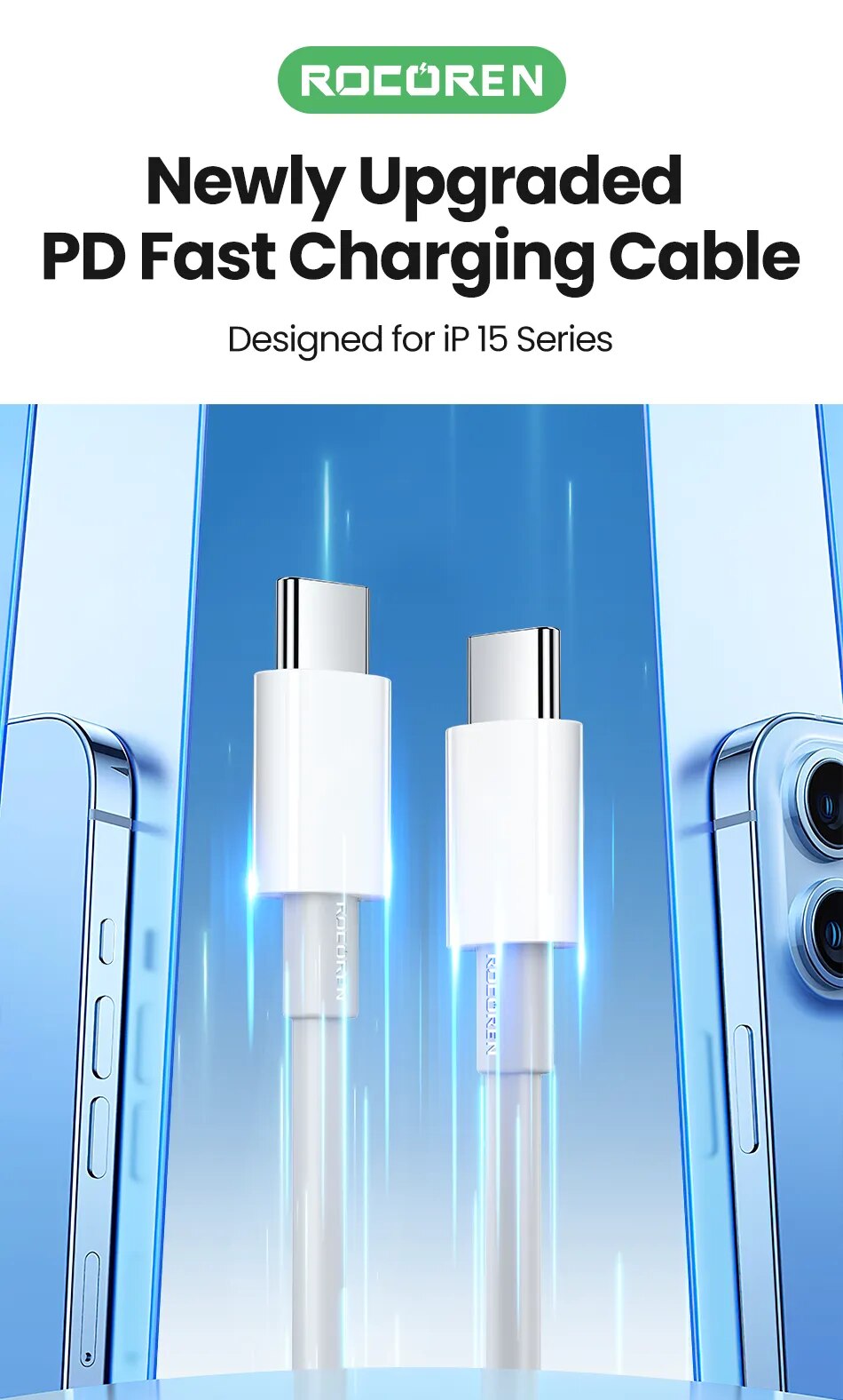 Rocoren-Cable USB tipo C para iPhone 15 Pro, cargador de carga r&aacute;pida Ultra USB-C para Macbook, Samsung, Xiaomi, 20W