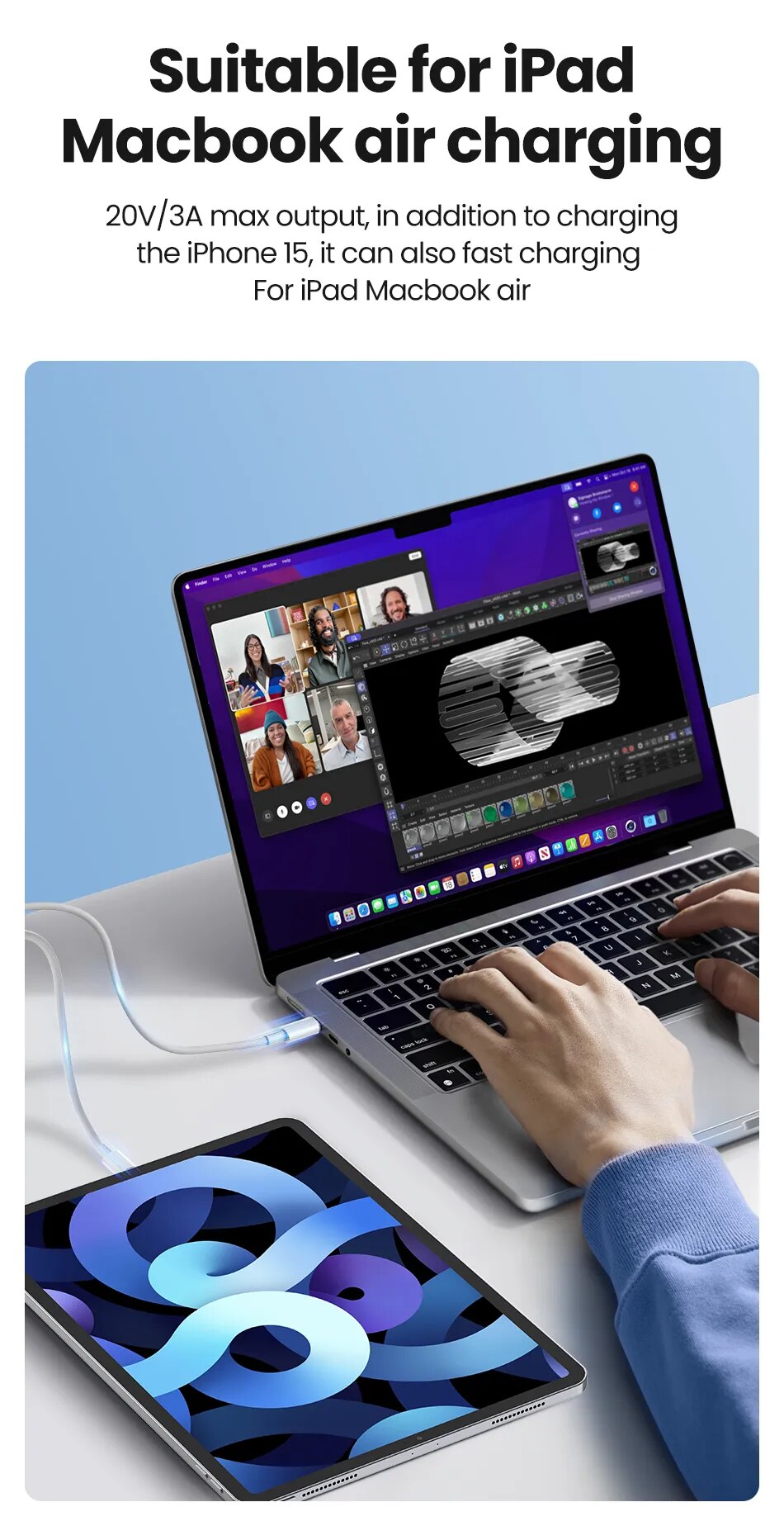 Rocoren-Cable USB tipo C para iPhone 15 Pro, cargador de carga r&aacute;pida Ultra USB-C para Macbook, Samsung, Xiaomi, 20W