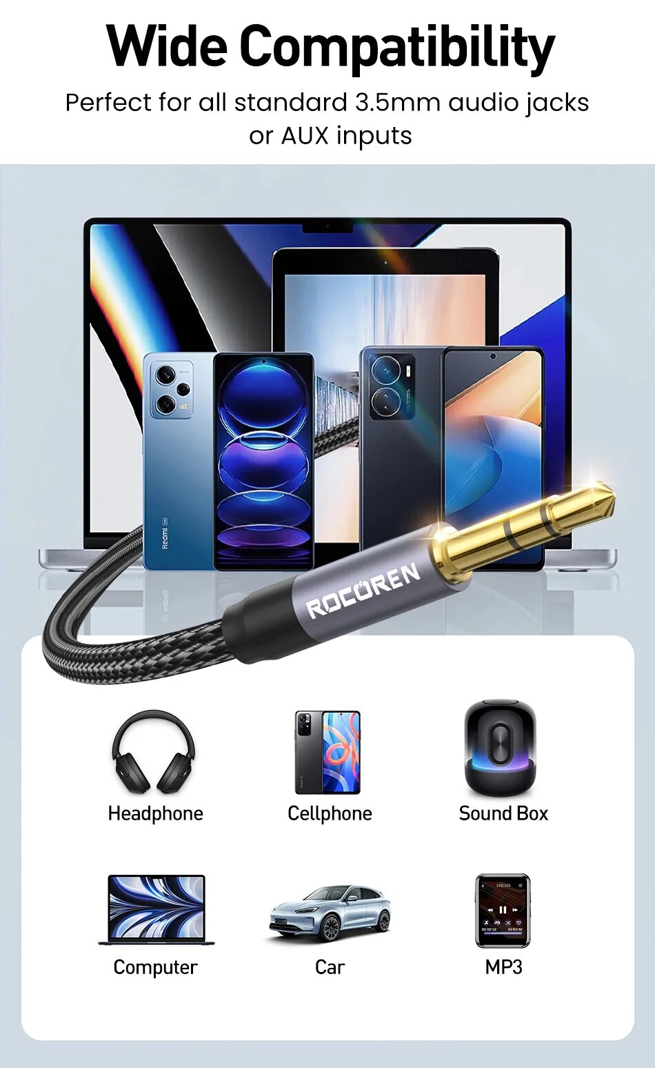 Rocoren-Cable auxiliar de Audio macho a macho, Conector de 3,5mm para tel&eacute;fono, auriculares, coche, MP3, altavoz, ordenador, 5 M