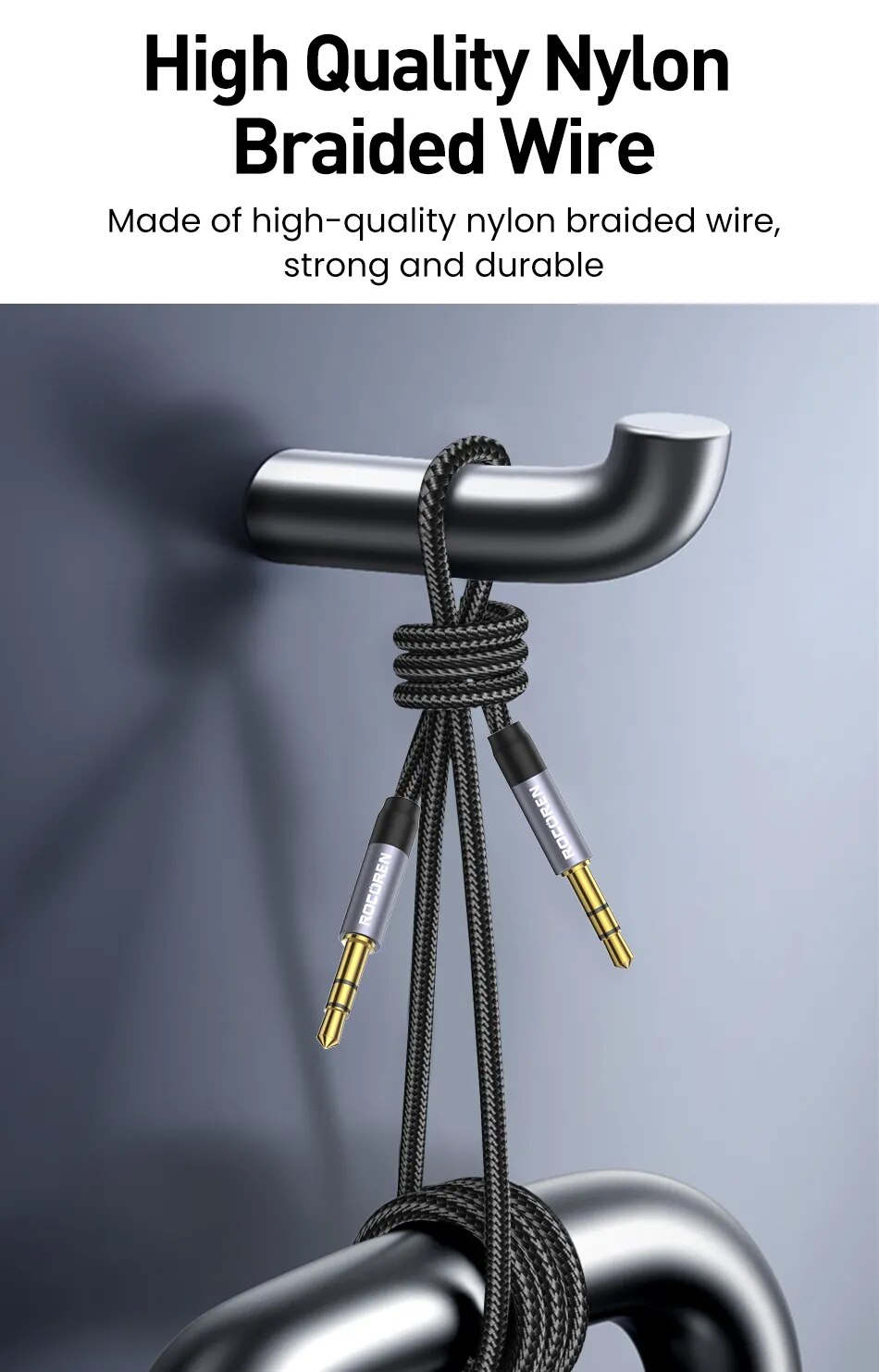 Rocoren-Cable auxiliar de Audio macho a macho, Conector de 3,5mm para tel&eacute;fono, auriculares, coche, MP3, altavoz, ordenador, 5 M