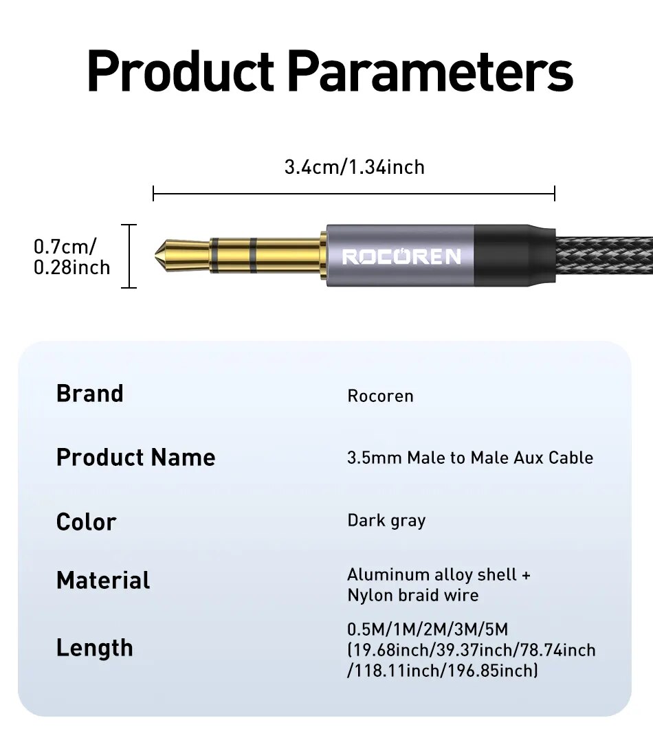 Rocoren-Cable auxiliar de Audio macho a macho, Conector de 3,5mm para tel&eacute;fono, auriculares, coche, MP3, altavoz, ordenador, 5 M