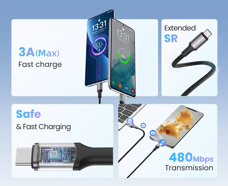 Rocoren-Cable USB tipo C de carga r&aacute;pida 3A, Cable de datos para tel&eacute;fono m&oacute;vil Xiaomi Poco F4 F3 Realme Samsung Huawei