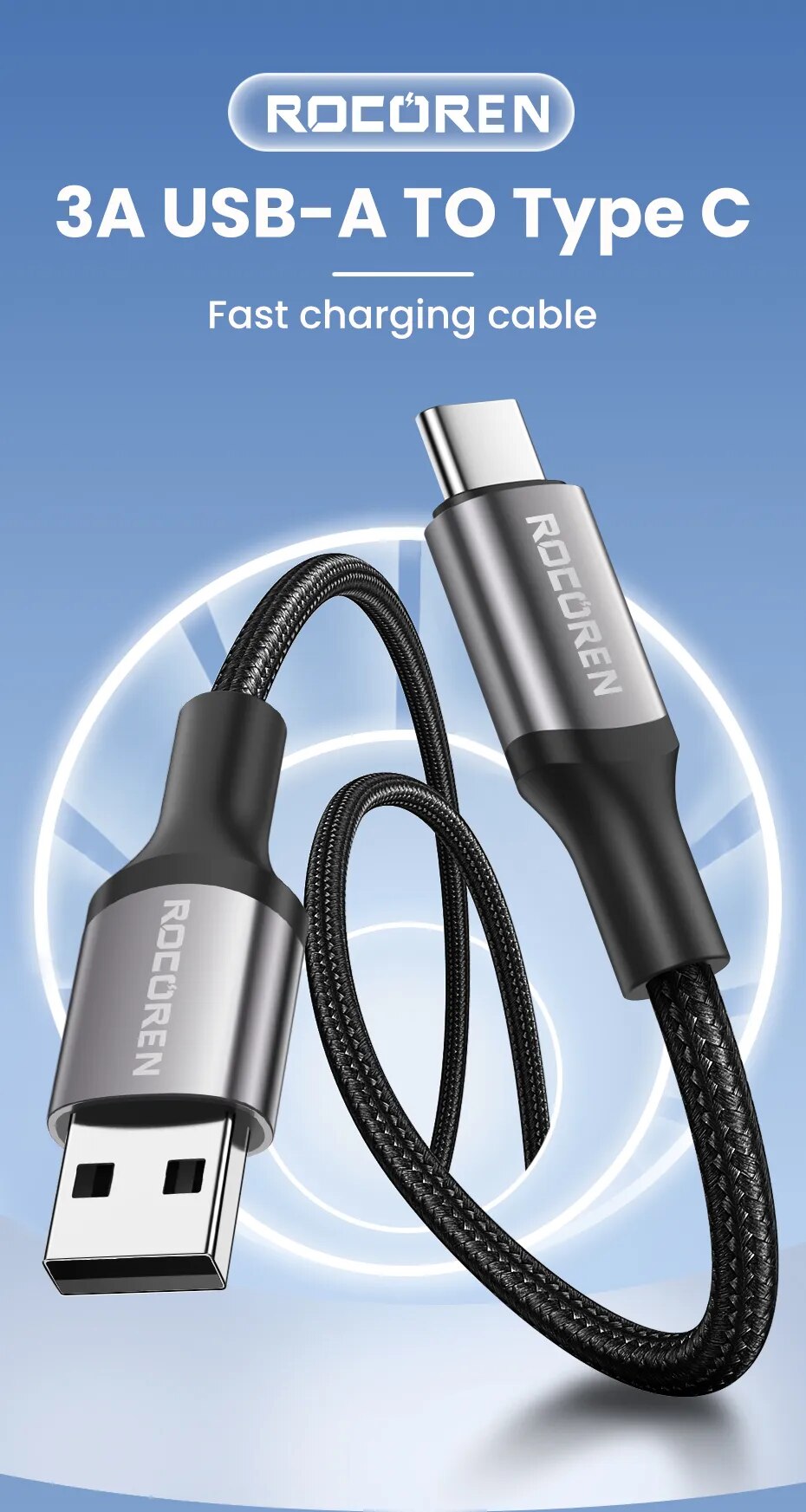 Rocoren-Cable USB tipo C de carga r&aacute;pida 3A, Cable de datos para tel&eacute;fono m&oacute;vil Xiaomi Poco F4 F3 Realme Samsung Huawei
