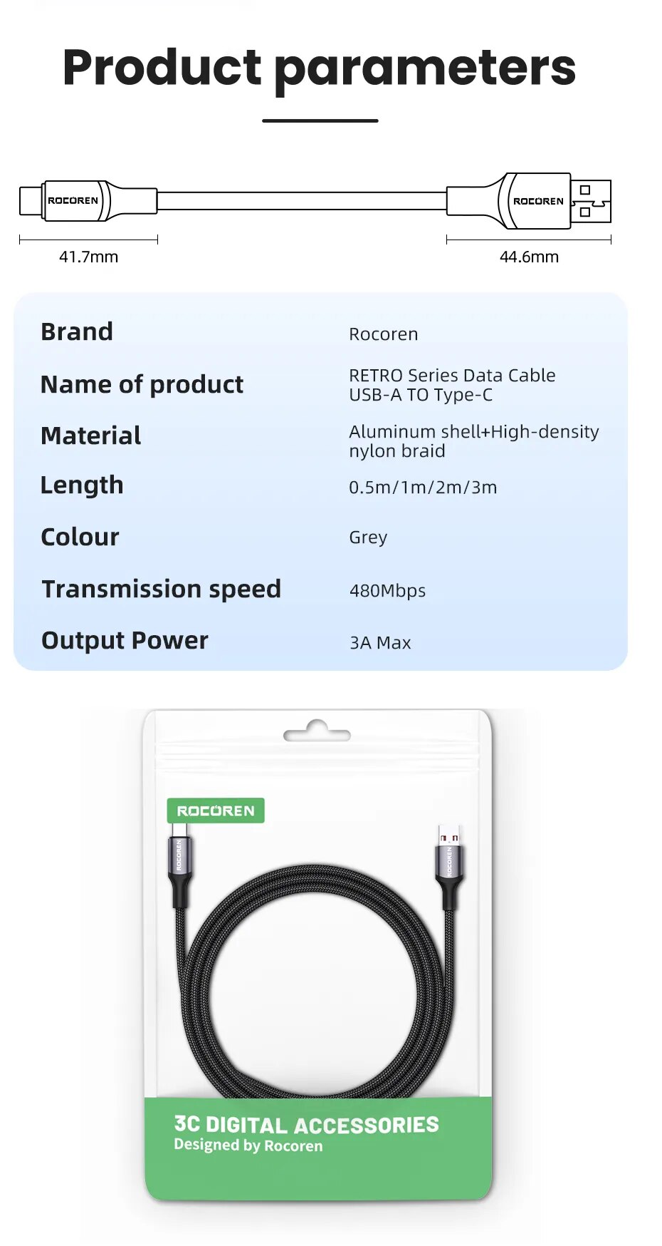 Rocoren-Cable USB tipo C de carga r&aacute;pida 3A, Cable de datos para tel&eacute;fono m&oacute;vil Xiaomi Poco F4 F3 Realme Samsung Huawei
