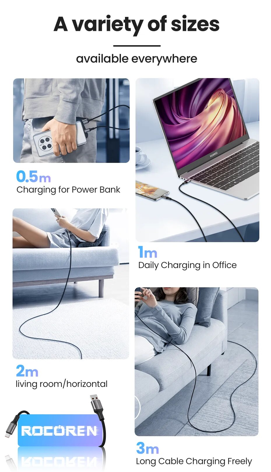 Rocoren-Cable USB tipo C de carga r&aacute;pida 3A, Cable de datos para tel&eacute;fono m&oacute;vil Xiaomi Poco F4 F3 Realme Samsung Huawei
