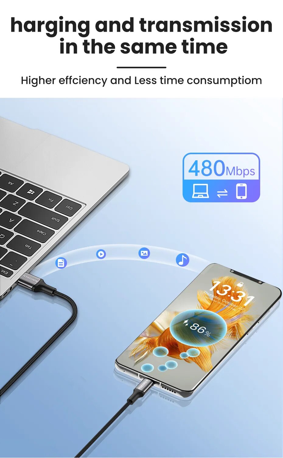 Rocoren-Cable USB tipo C de carga r&aacute;pida 3A, Cable de datos para tel&eacute;fono m&oacute;vil Xiaomi Poco F4 F3 Realme Samsung Huawei