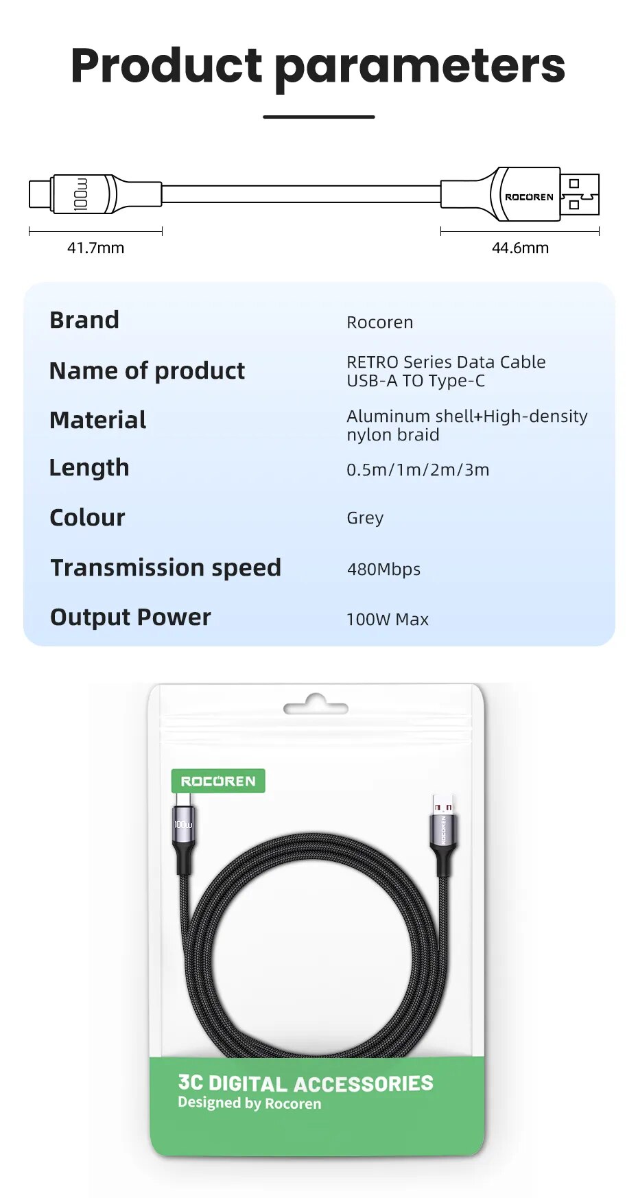 Rocoren-Cable USB tipo C para m&oacute;vil, cargador de carga r&aacute;pida de 100W, para Xiaomi Poco F4, F3, Realme, Huawei 7A, Cable de datos